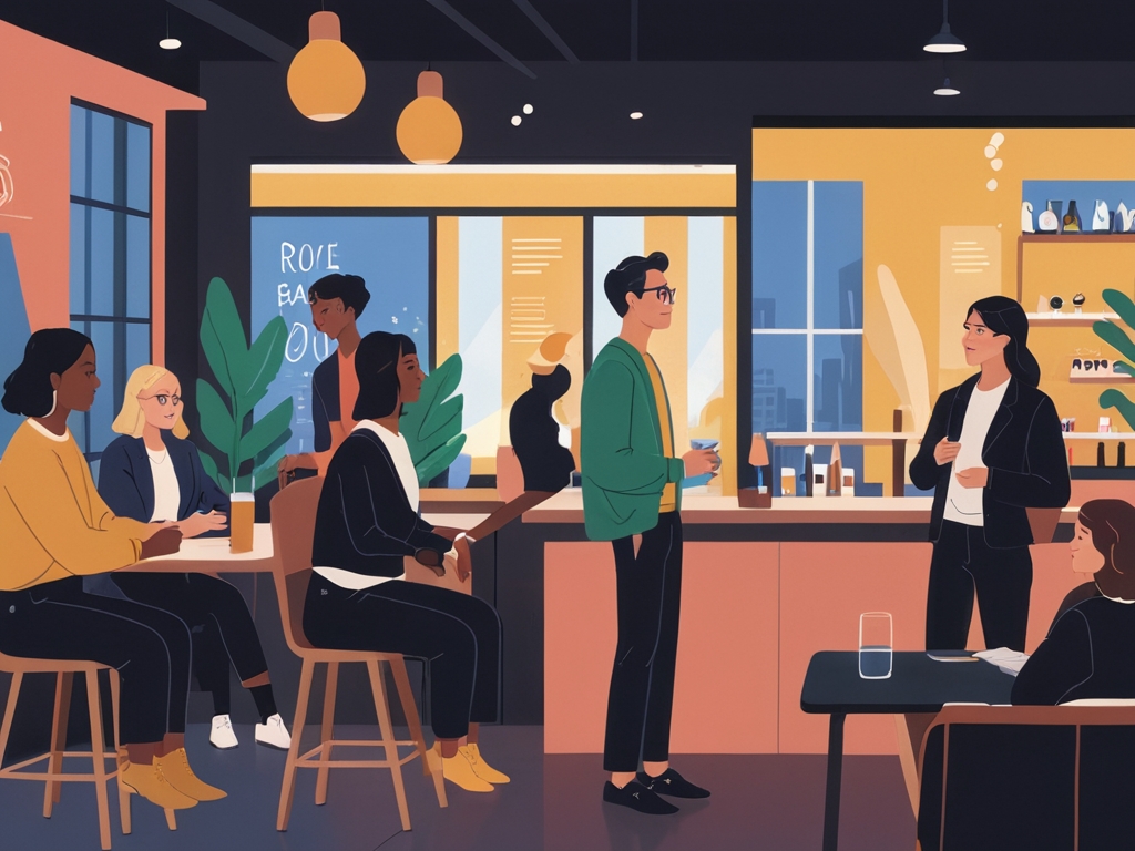 AI generated image illustration of people standing in a bright bar