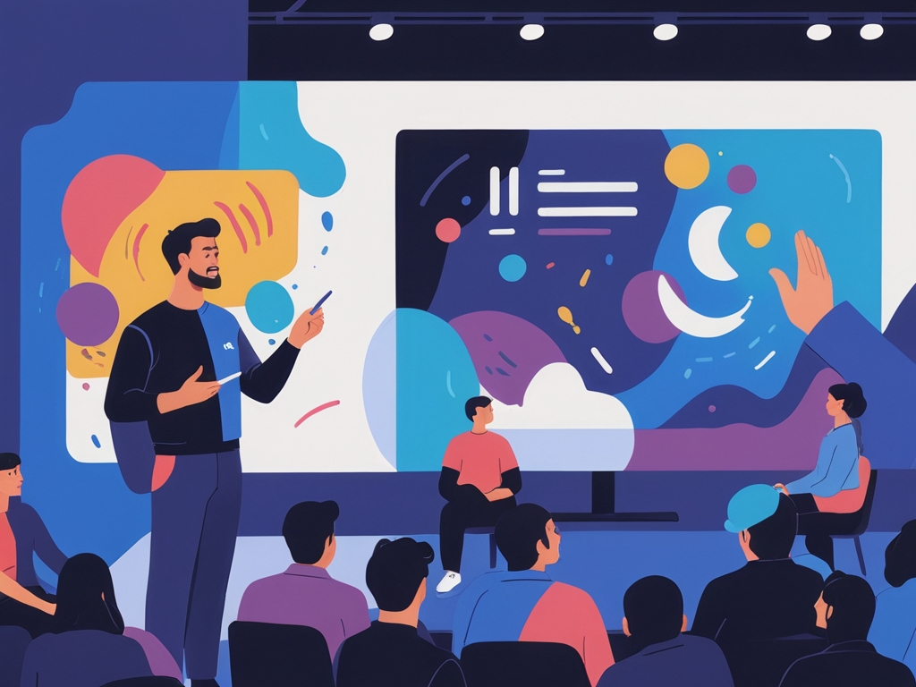 AI generated illustration of a man presenting UX in front of an audience