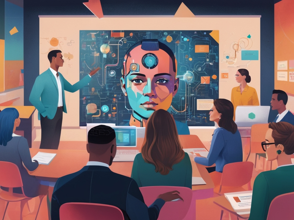 illustration of a speaker in front of other people and a depiction of a human head with tech on the presenting screen